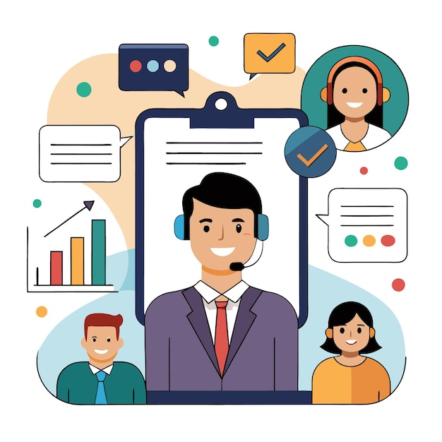 a customer service representative with a headset smiles and stands in front of a clipboard with a checklist