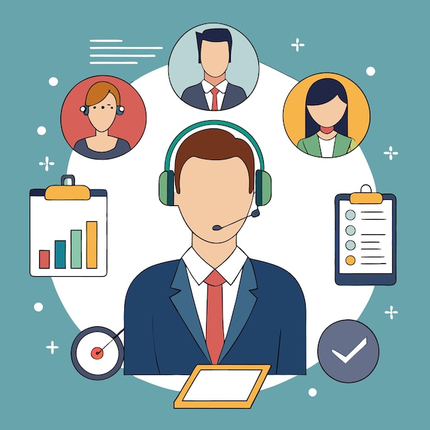 a customer service representative with a headset surrounded by various icons representing communication teamwork and customer support