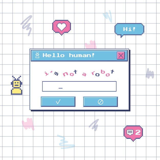 A dialog box with a robot check A captcha window in style of an old computer Nostalgic retro 90s user interface Pixel stickers with icons Vector illustration on a notebook sheet in a cage