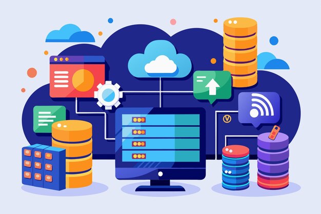 A digital representation showcases a cloudbased data storage system with various database elements online database cloud disk data storage information base computer applications