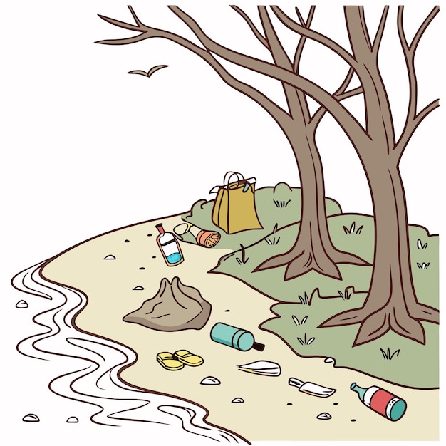 a drawing of a tree with trash and trash in it