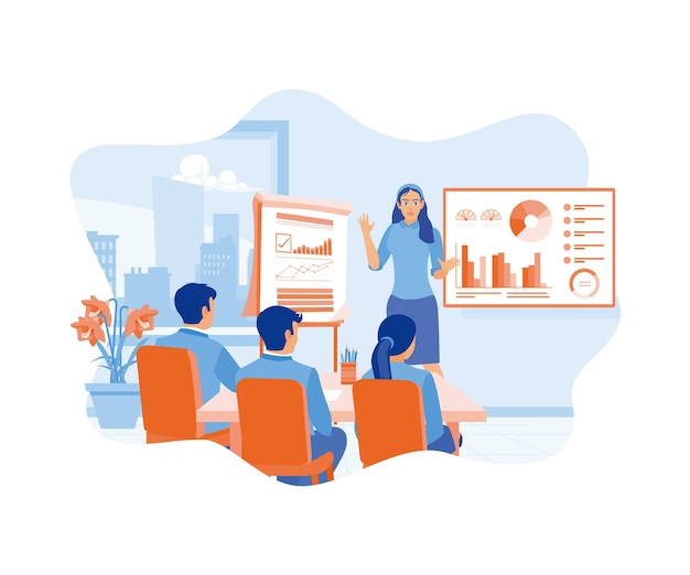A female leader is holding a presentation meeting with the finance team