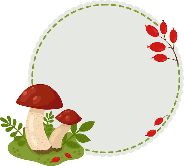A frame with forest objects such as a white mushroom berries plants in a cartoon style