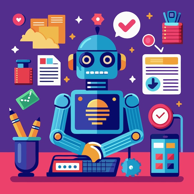 A friendly AI robot working on a computer with a smartphone
