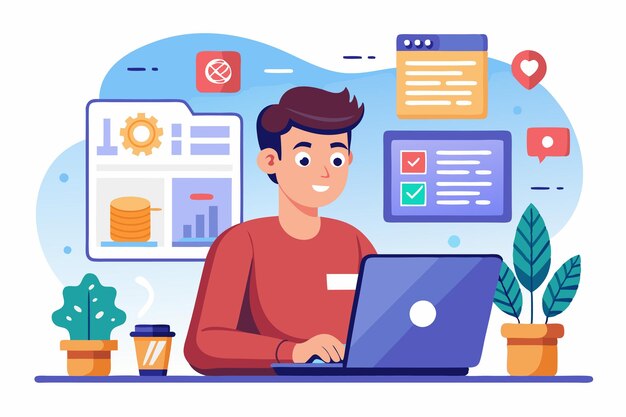 A front end developer focuses on coding and design in a bright organized workspace Front end developer with mobile application or program