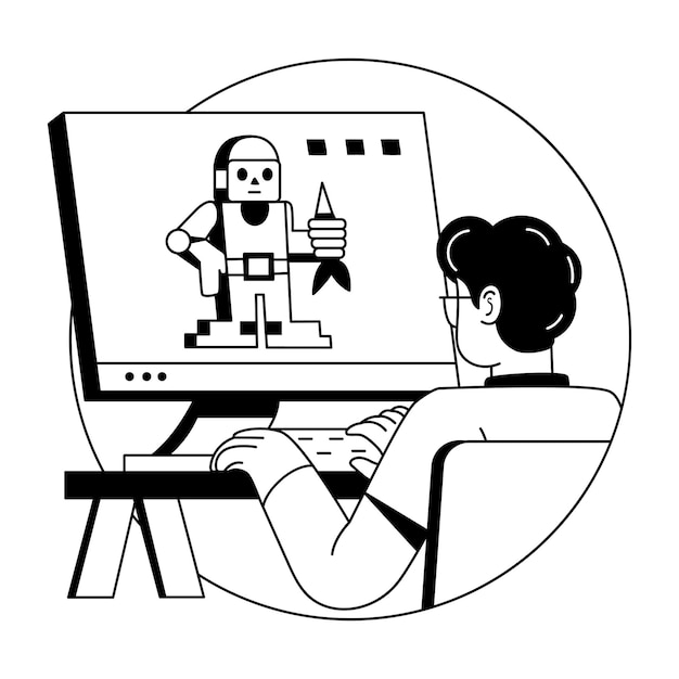 A glyph illustration of a character making pixel art on system