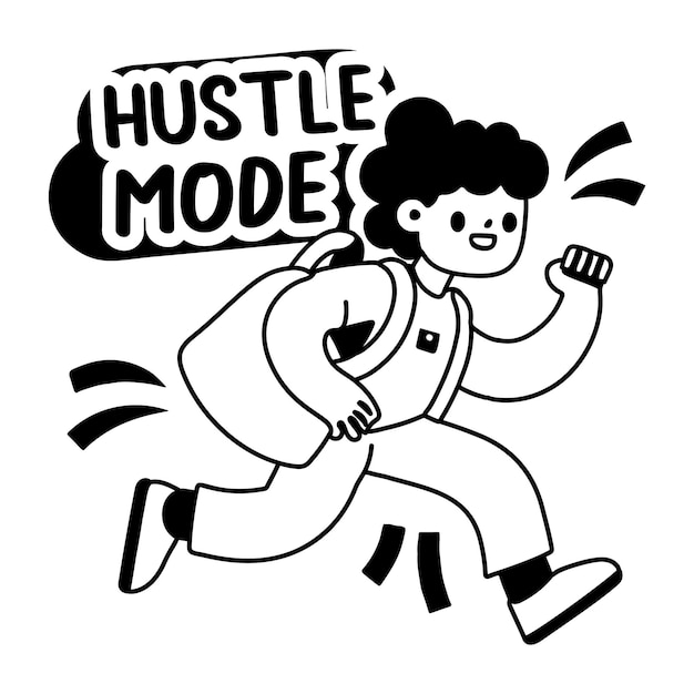 a glyph sticker of a running backpack character with hustle mode typography