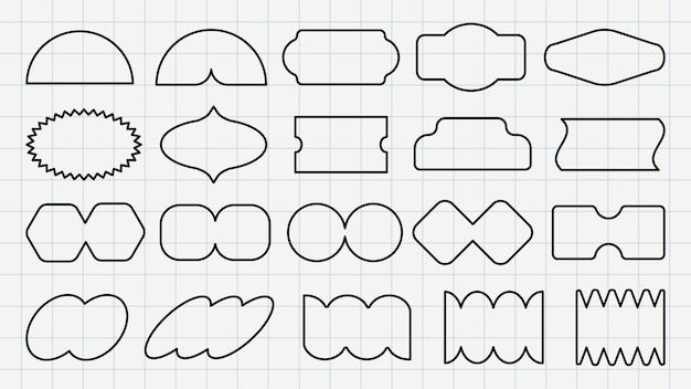 A grid displaying various geometric shapes Shapes include circles ovals and rectangles Geometric shapes arranged in a grid Shapes in a grid pattern Black shapes vector element set