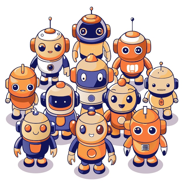 a group of 10 friendly robots with different designs stand together in a circle