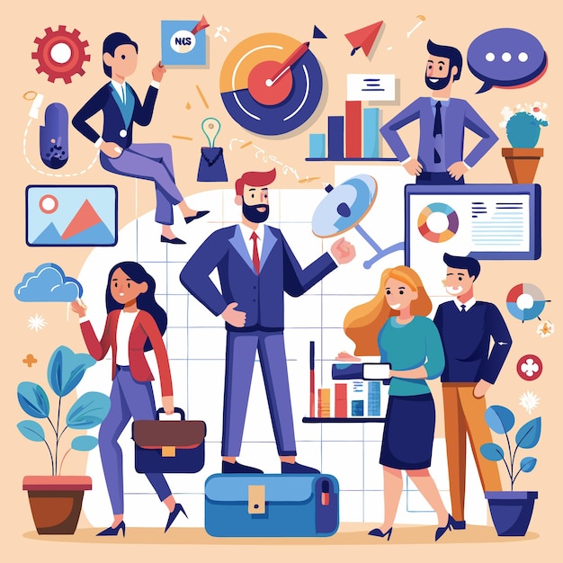 a group of business people are working together in a modern office they are looking at charts graphs and other data they are all dressed in business attire and look professional