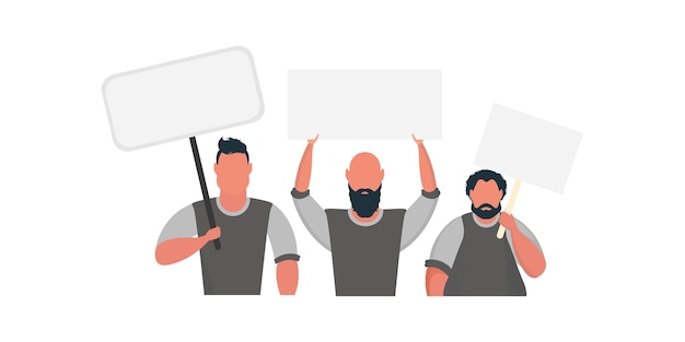 a group of men with a blank banner in their hands isolated on a white background flat style vector