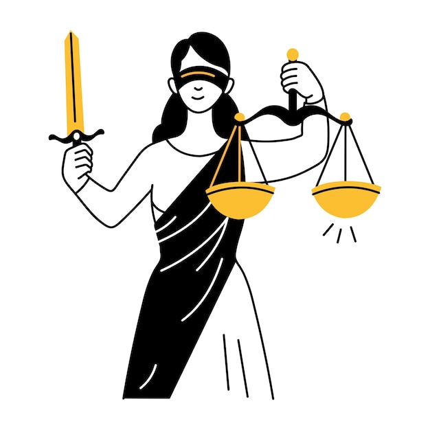 A hand drawn illustration showing lady justice