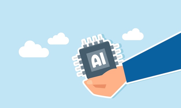 A hand holds and offers an AI processor chip illustration of offering AI technology for business operations