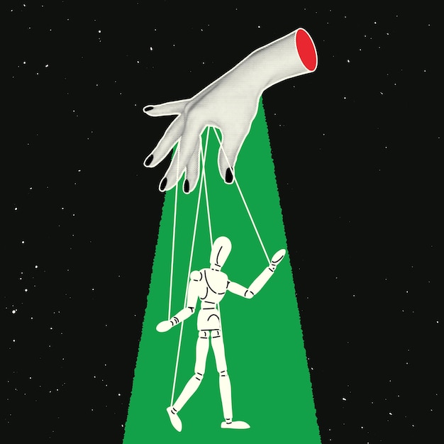 a hand with a halftone effect controls the puppet in retro collage style