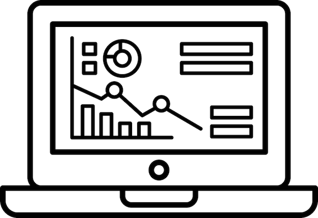 A laptop screen shows a graph with a downward trend