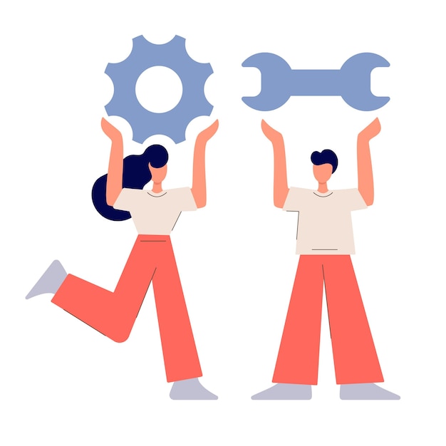 A man and a woman are holding settings icons Flat vector illustration isolated on white background