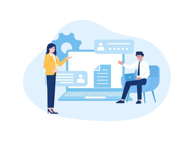 a man and a woman are looking at a computer screen trending concept flat illustration