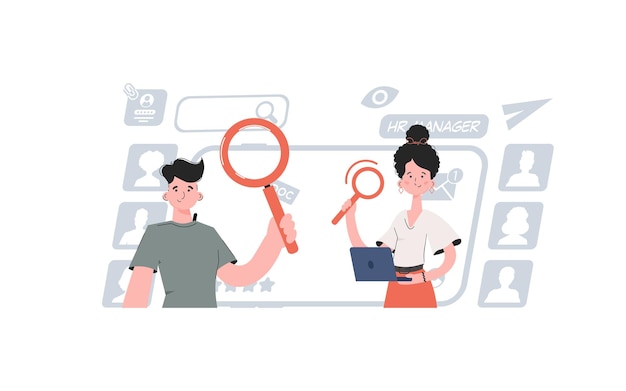 A man and a woman are standing belt and holding a laptop Search Element for presentations websites