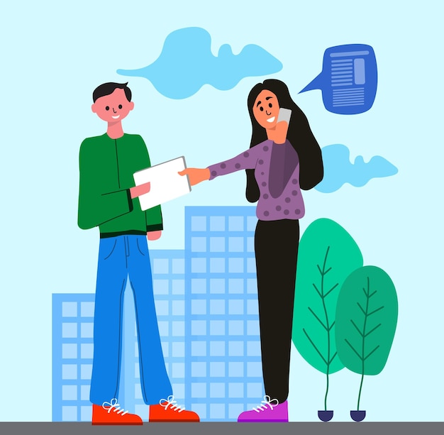 A man and a woman exchanging a document vector illustration