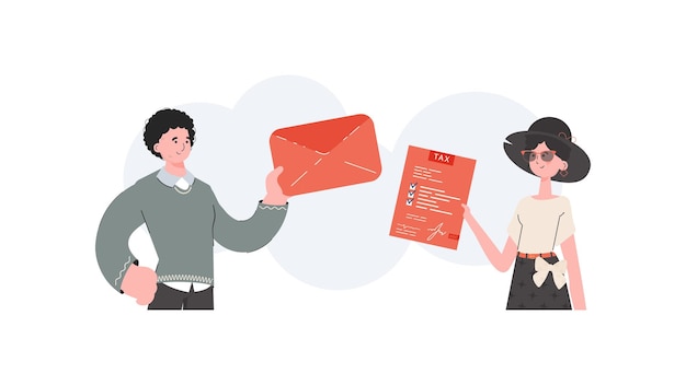 A man and a woman stand waistdeep filling out a tax return form Filling out a tax return Element for presentation Vector illustration