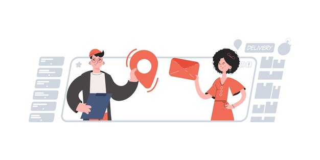 A man and a woman stand with a belt and hold a geolocation and an envelope Delivery Element for presentations sites