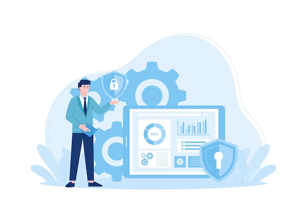 a man checks privacy on a security system trending concept flat illustration