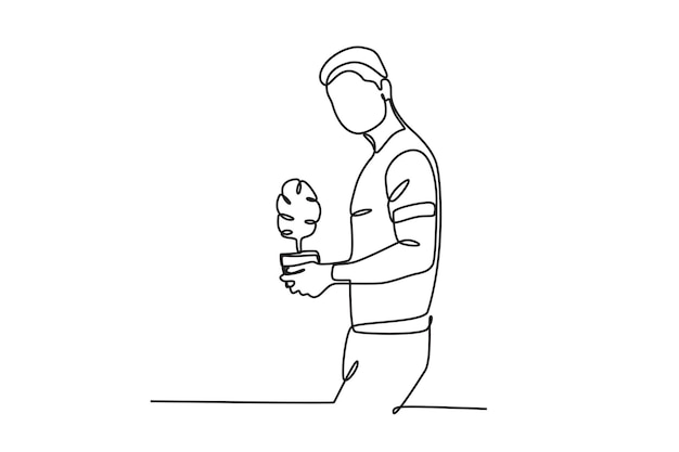 A man holding a small flower in a pot Garden oneline drawing