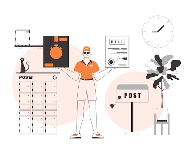 a man holds a parcel and a check in his hands the concept of the delivery of goods and parcels linear modern style