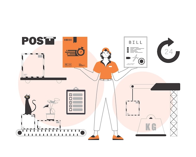 a man holds a parcel and a check in his hands the concept of the delivery of goods and parcels linear trendy style