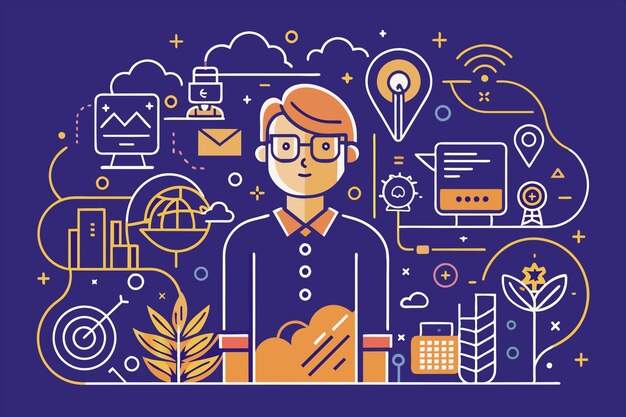 a man in a blue shirt with a man in a blue shirt and a colorful illustration of a man with a laptop