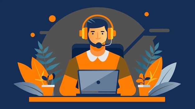 a man in a computer with headphones and a laptop