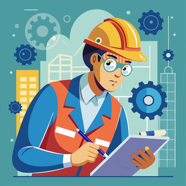 a man in a hard hat is writing on a blue background