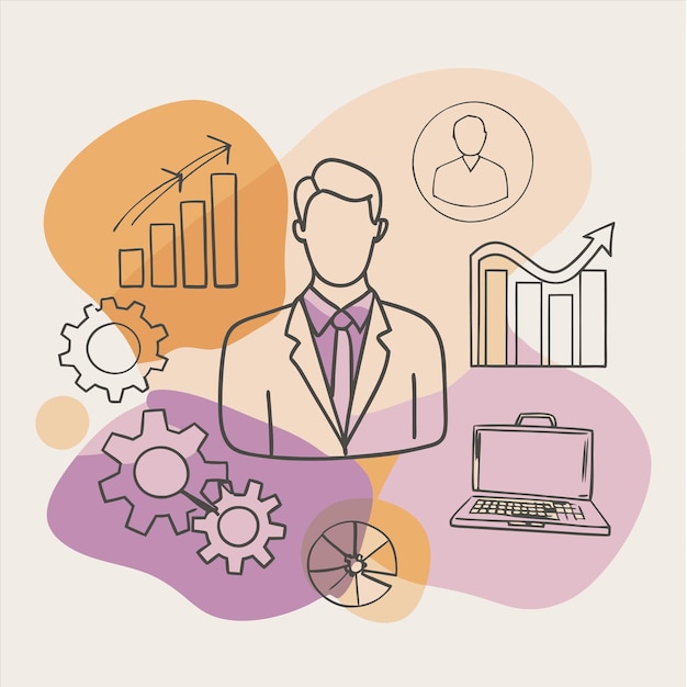 a man in a suit stands in front of a chart that saysbusinesson it