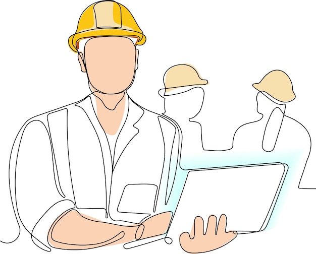 A man in a yellow hard hat holds a tablet in front of him.