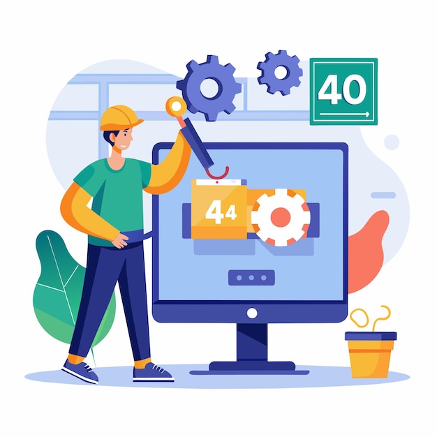 A man is focused on fixing a computer screen displaying a page not found error worker fix screen page not found 404 Simple and minimalist flat Vector Illustration