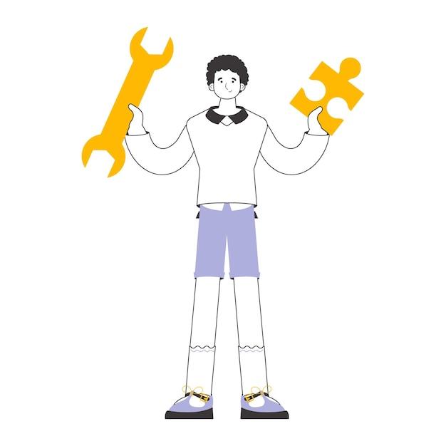 a man is holding a wrench and a puzzle teamwork theme linear style isolated vector