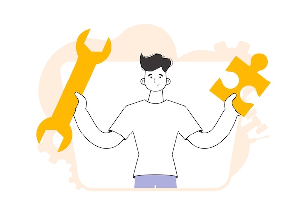 A man is holding a wrench and a puzzle Teamwork theme Linear trendy style