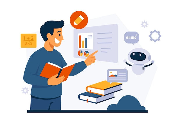 A man is studying accompanied by a robot