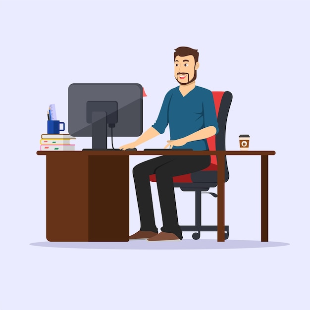 A man is working at a computer in his office Vector illustration