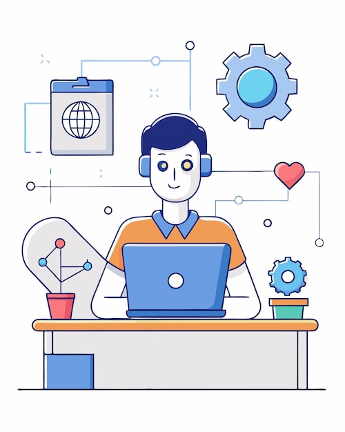 a man is working at a desk with a computer and a man wearing headphones