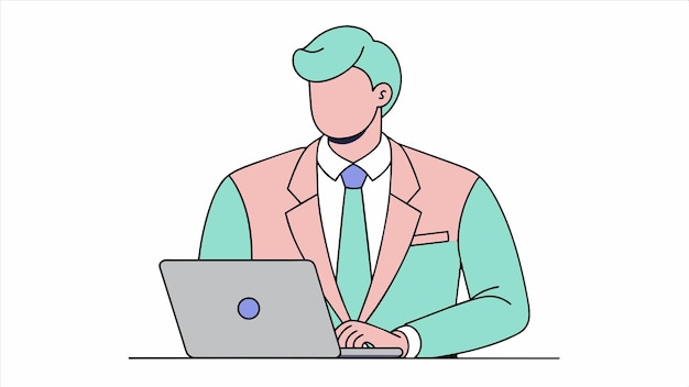 a man is working on a laptop with a blue button on his shirt
