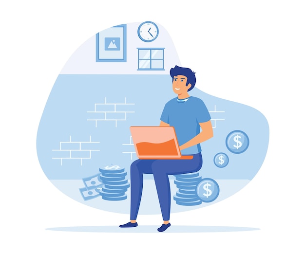 A man makes money online from freelance work flat vector modern illustration