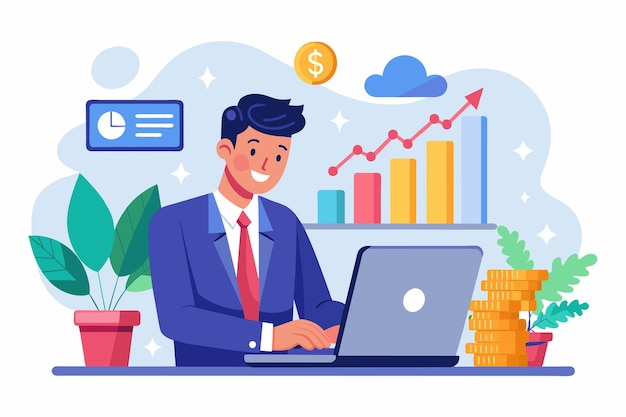 A man seated at a desk using a laptop for online investment purposes businessman investing money online with investment growth report Simple and minimalist flat Vector Illustration