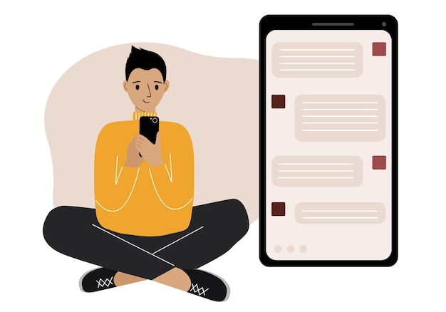 a man sits and holds a phone the correspondence is visible on the screen concept of chat sms service technical support