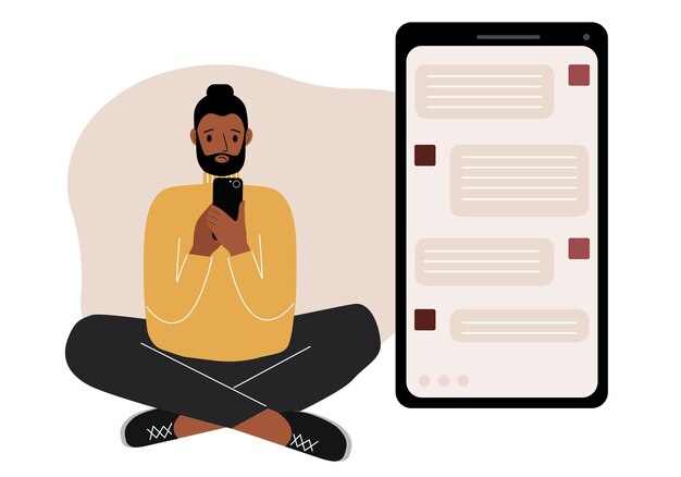 a man sits and holds a phone the correspondence is visible on the screen concept of chat sms service technical support