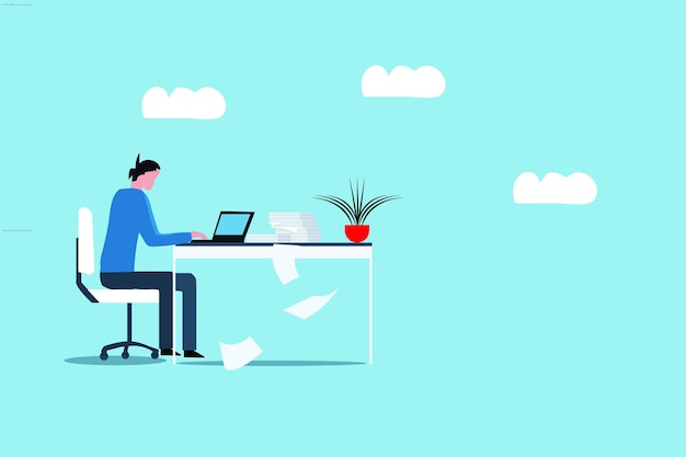 a man sits at a desk with a apple on his lap and a flower in the sky