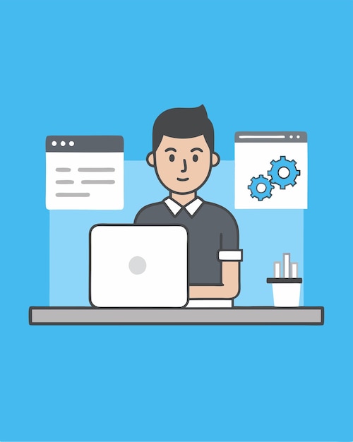 a man sits at a desk with a computer and a monitor with a blue background