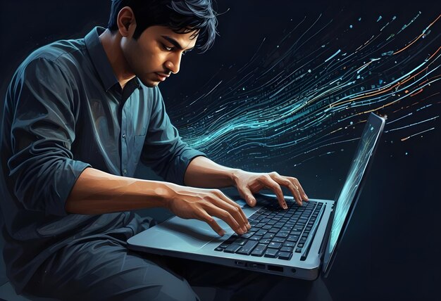 a man sits at a laptop typing on the keyboard with a stream of digital data flowing from the screen the scene is rendered in a painterly style with a dark background