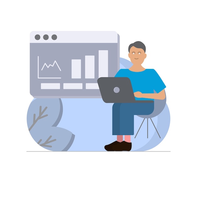 A man sits on a chair with a laptop and a graph on his screen.