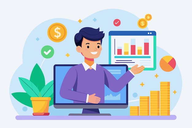 A man standing in front of a computer screen showcasing stock profits and data man shows stock profits on computer Simple and minimalist flat Vector Illustration